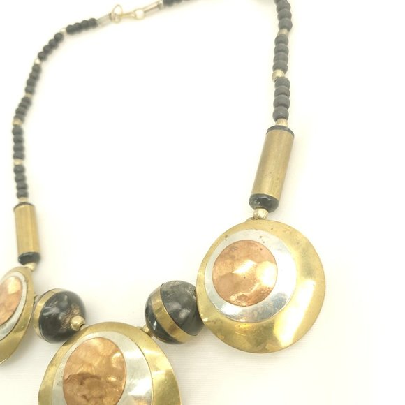 Womens Black Beads Hammered Circular Discs Bronze Metal Statement Necklace - Picture 5 of 14